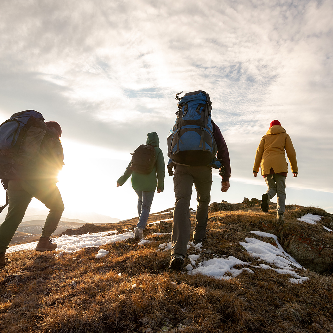 Team of hikers walking up snowy mountain into the sun - Odgers Executive Search Board Headhunters